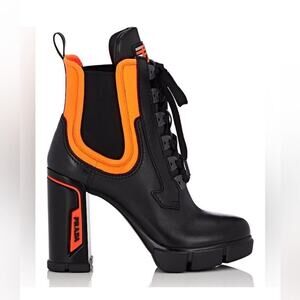 Prada Neon Orange Black Leather Neoprene Lace Up Chelsea Ankle Boot EU 41.5